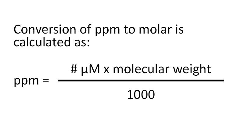 Conversion of ppm to molar is calculated as: ppm = # μM x molecular weight divided by 1000