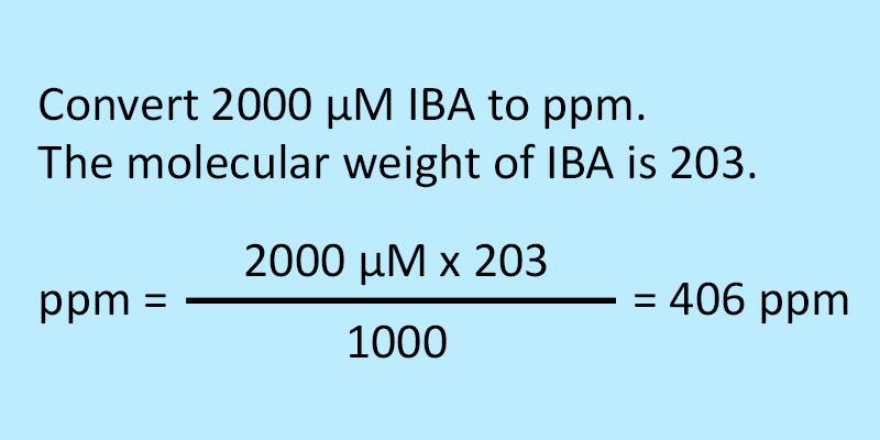 Convert 2000 μM IBA to ppm. The molecular weight of IBA is 203. ppm= 2000 μM x 203 divided by 1000 = 406 ppm
