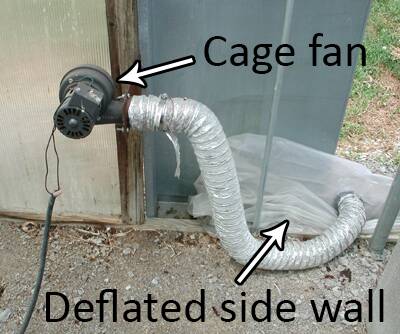 Photo of a cage fan and deflated side wall.