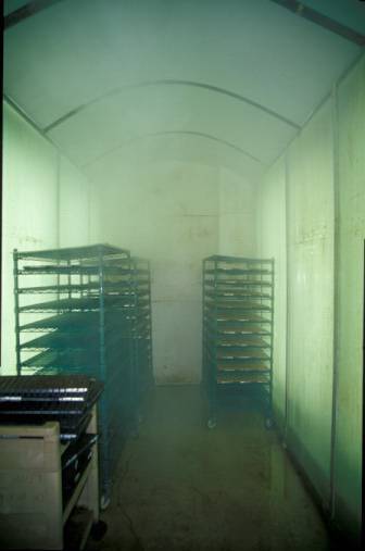 Photo of germination room with wheeled racks.
