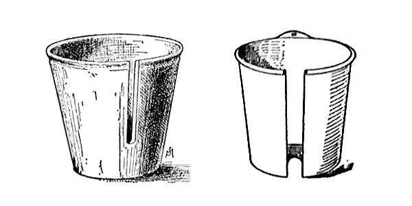 Historical engraving showing pots with one side split or open to fit around layered branches.