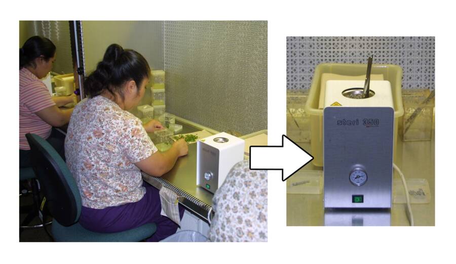 Two photos of a glass bead sterilizer being used by a technician.